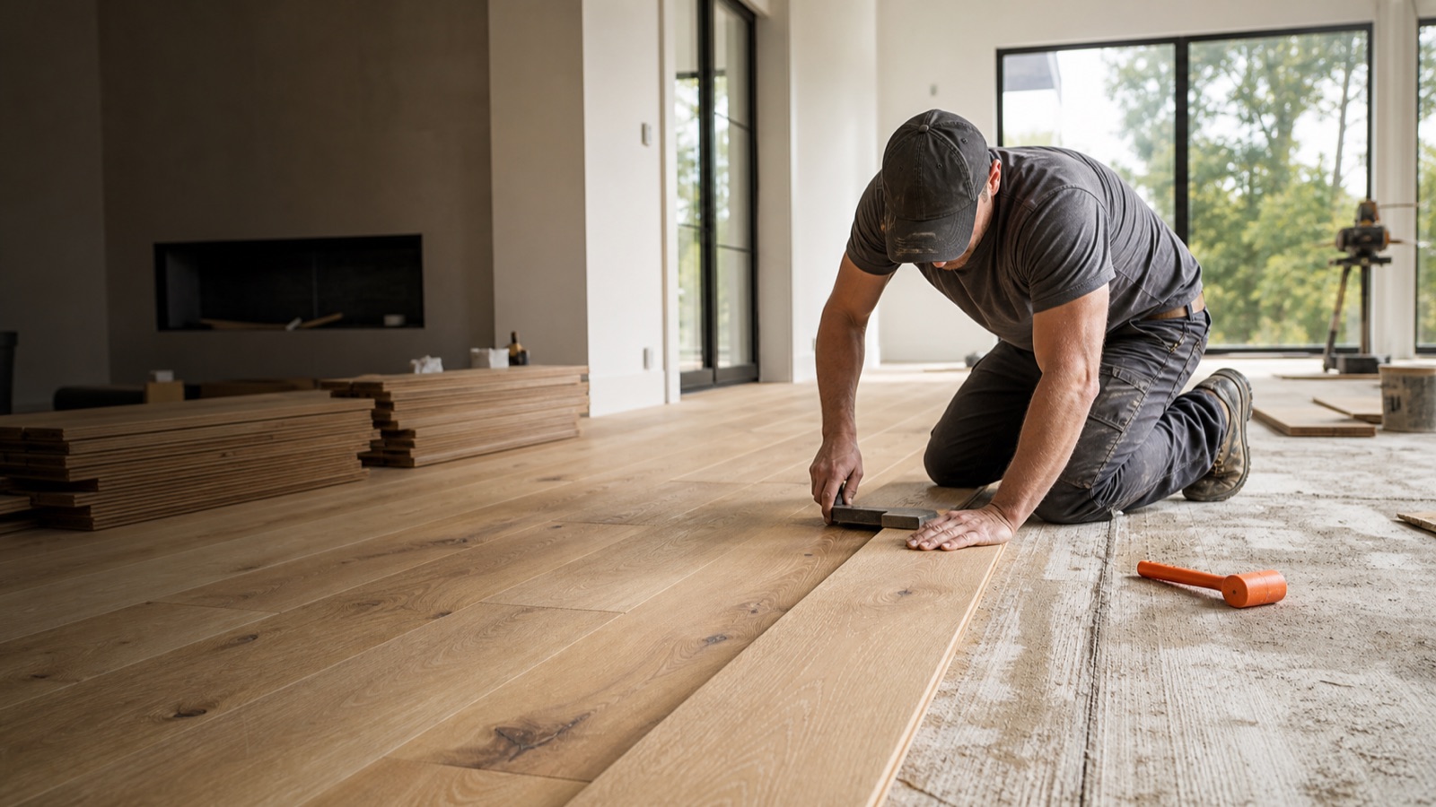Residential flooring installer kneeling on a job site, fitting a light oak plank