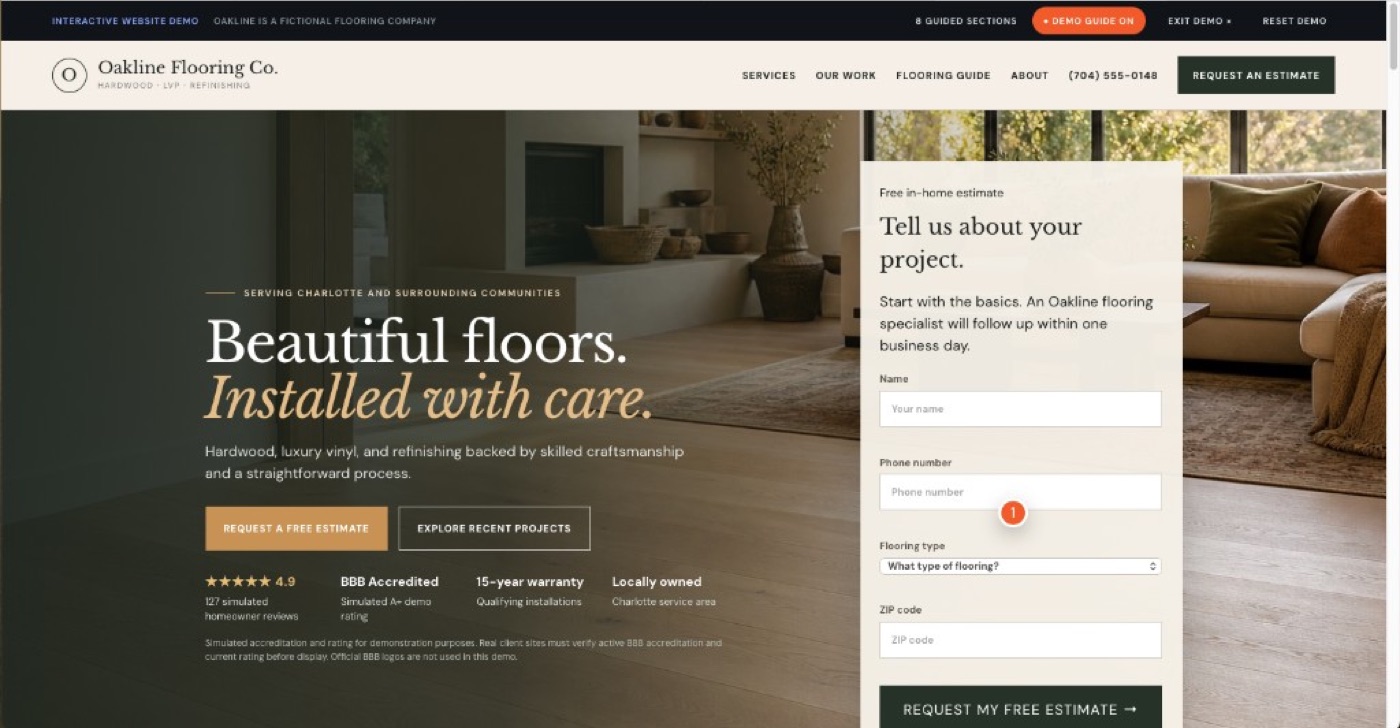 Preview of the Oakline Flooring Co. contractor demo homepage with estimate form and guided tour marker