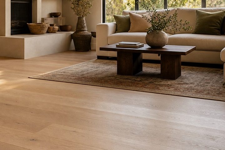 Wide-plank hardwood dining room floor